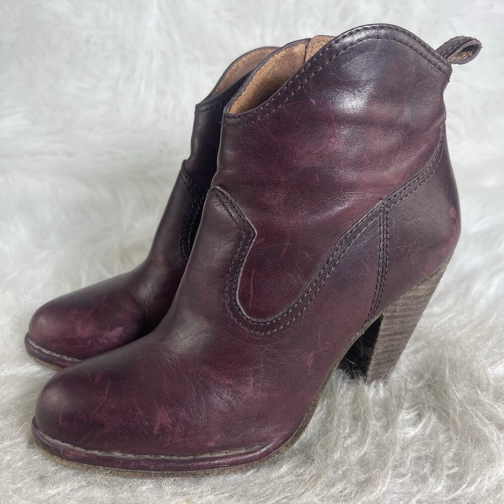 FRYE Reina Women’s Burgundy Leather Ankle Booties Side Zip Heels 6.5